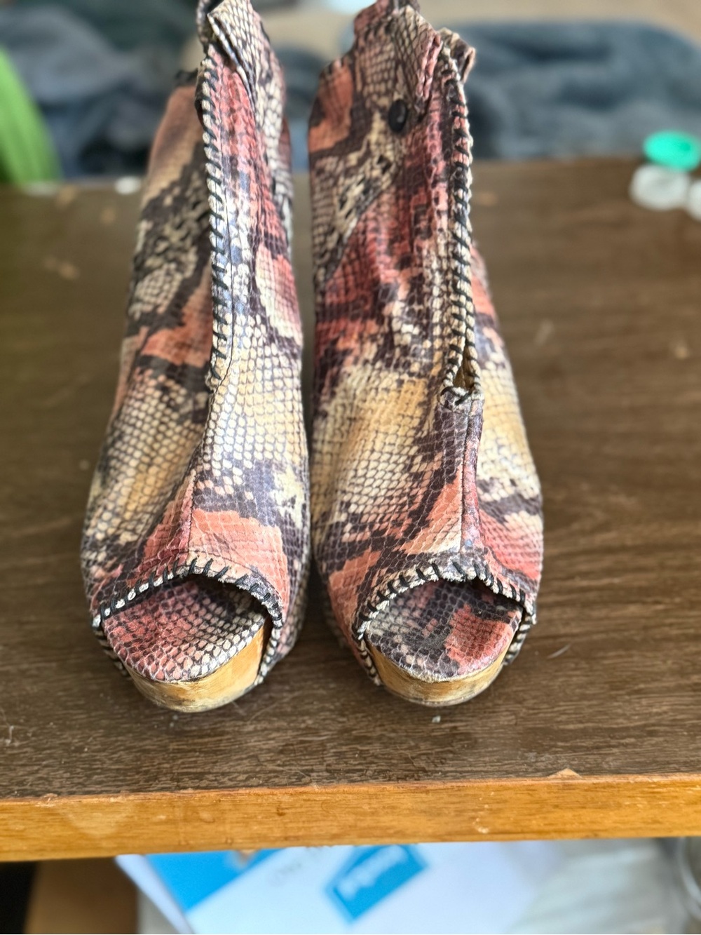 Jeffrey Campbell Multicolor Snake Print Peep-Toe Booties